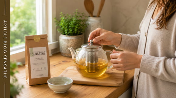 Préparation d’une tisane détox de printemps avec infuseur intégré et plantes médicinales en vrac - Herboristerie Sensathé